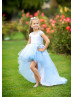 High Low Sky Blue Lace Tulle Floor Length Flower Girl Dress